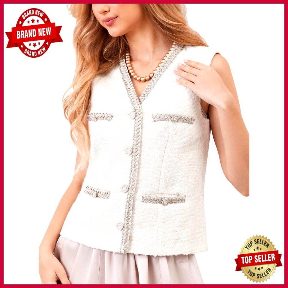 Women's Tweed Vest Blazer Sleeveless Button Down Lined Business Casual